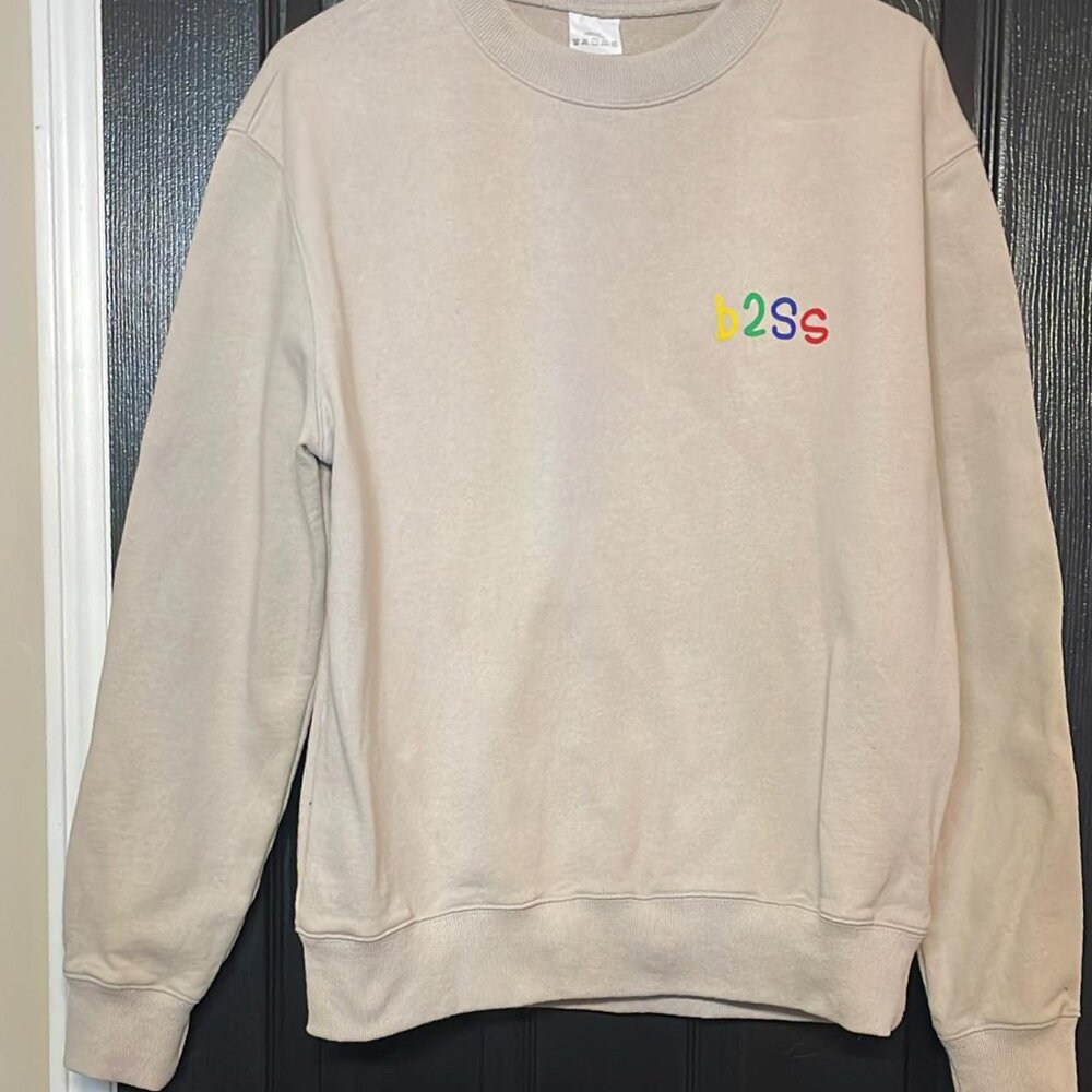 Neutral Beige Crewneck Sweatshirt with Colorful "b2ss" Embroidery Size- Medium - Picture 3 of 7